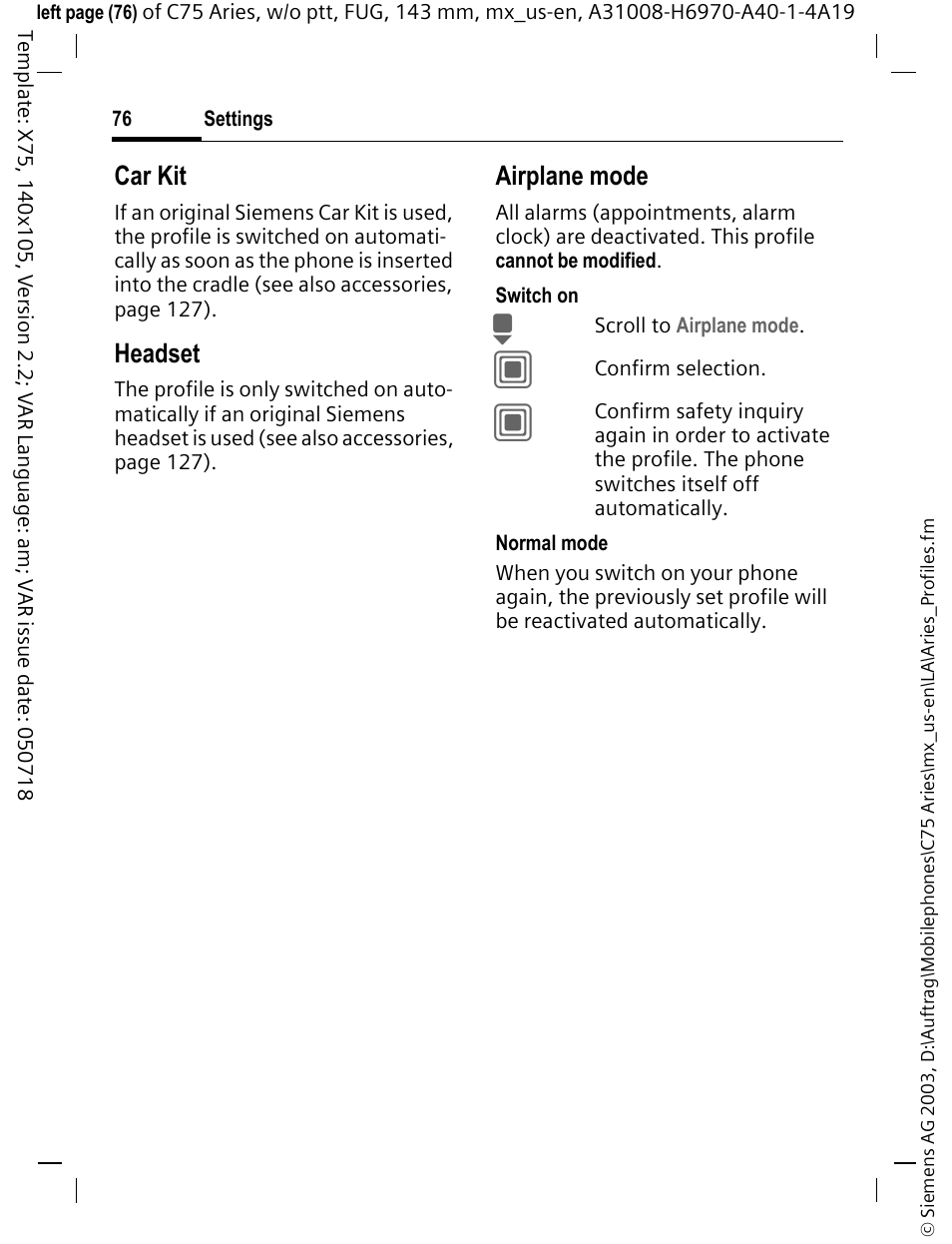 Car kit, Headset, Airplane mode | Siemens Gigaset 200 User Manual | Page 77 / 139