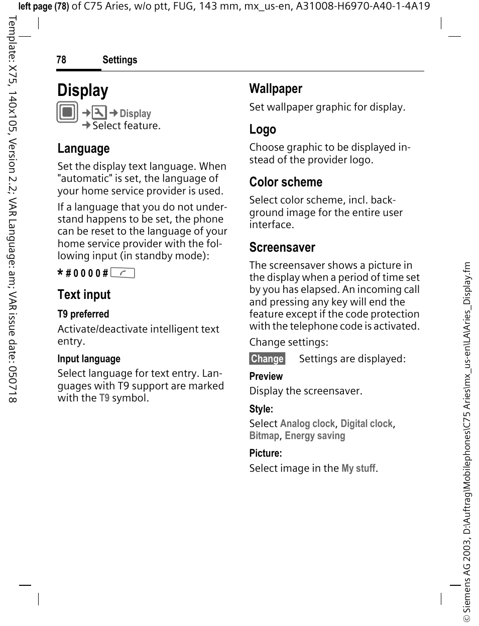 Display, Screensaver (p. 78), R) logo (p. 78) | Wallpaper (p. 78), Color scheme (p. 78) | Siemens Gigaset 200 User Manual | Page 79 / 139