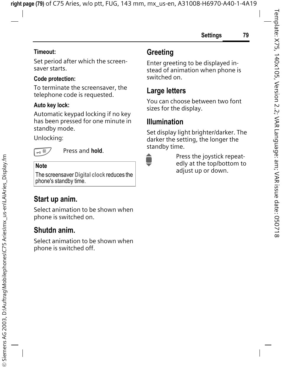 Animations (p. 79), Start up anim, Shutdn anim | Greeting, Large letters, Illumination | Siemens Gigaset 200 User Manual | Page 80 / 139