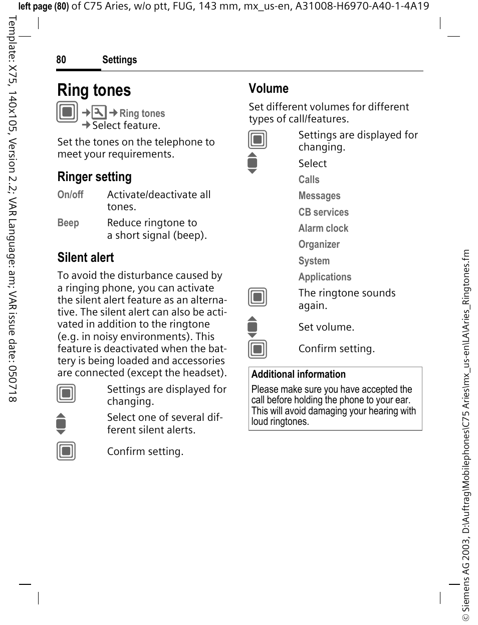 Ring tones, Ringtones (p. 80) | Siemens Gigaset 200 User Manual | Page 81 / 139