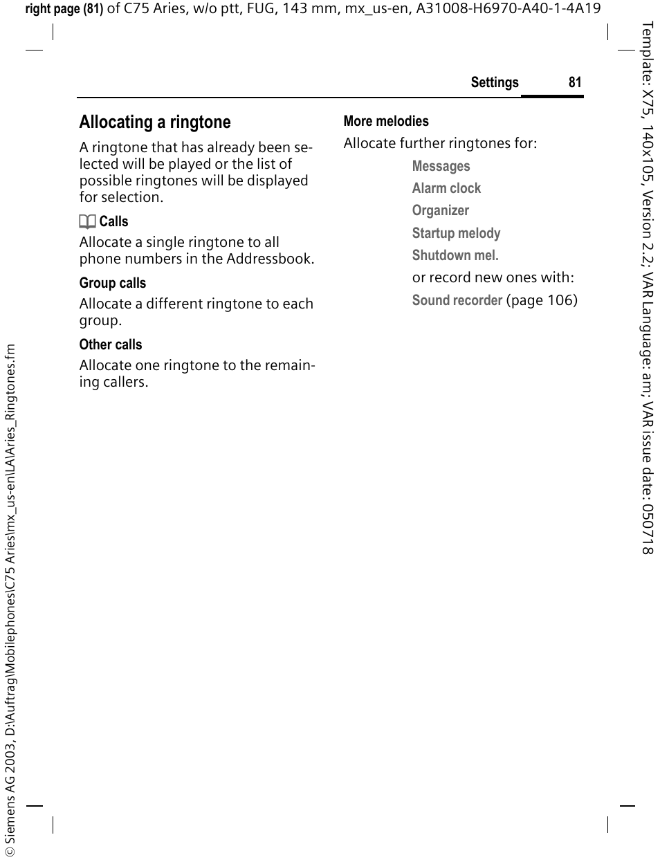 Allocating a ringtone | Siemens Gigaset 200 User Manual | Page 82 / 139