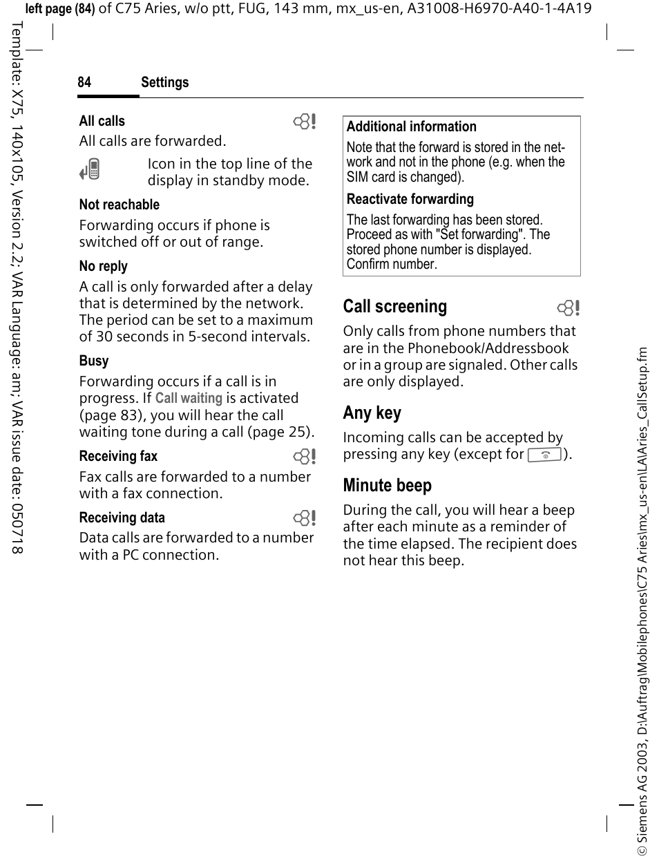Call screening b, Any key, Minute beep | Siemens Gigaset 200 User Manual | Page 85 / 139