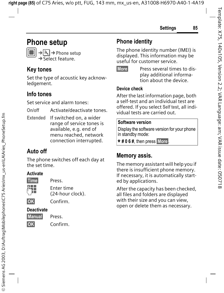 Phone setup, Key tones, Info tones | Auto off, Phone identity | Siemens Gigaset 200 User Manual | Page 86 / 139