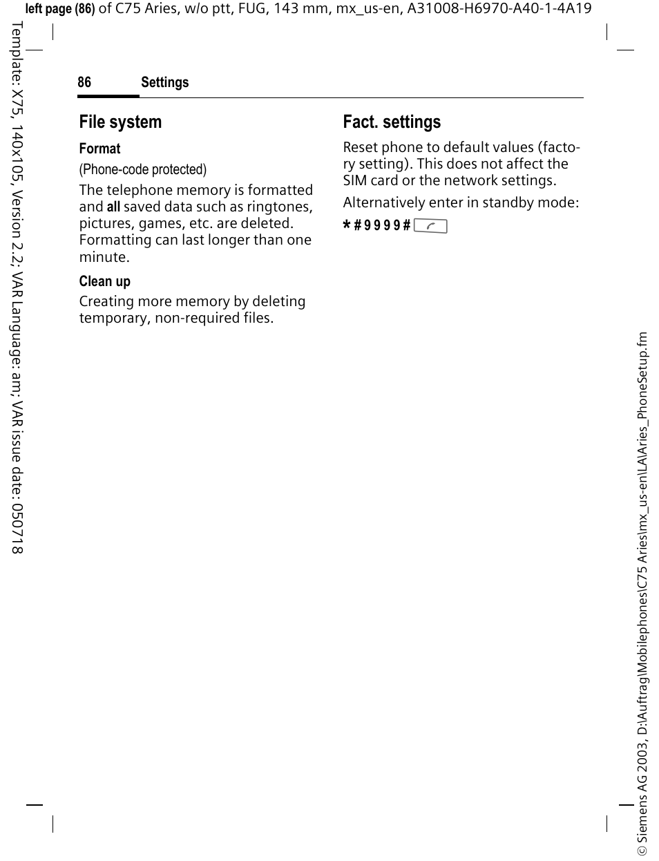 File system, Fact. settings | Siemens Gigaset 200 User Manual | Page 87 / 139