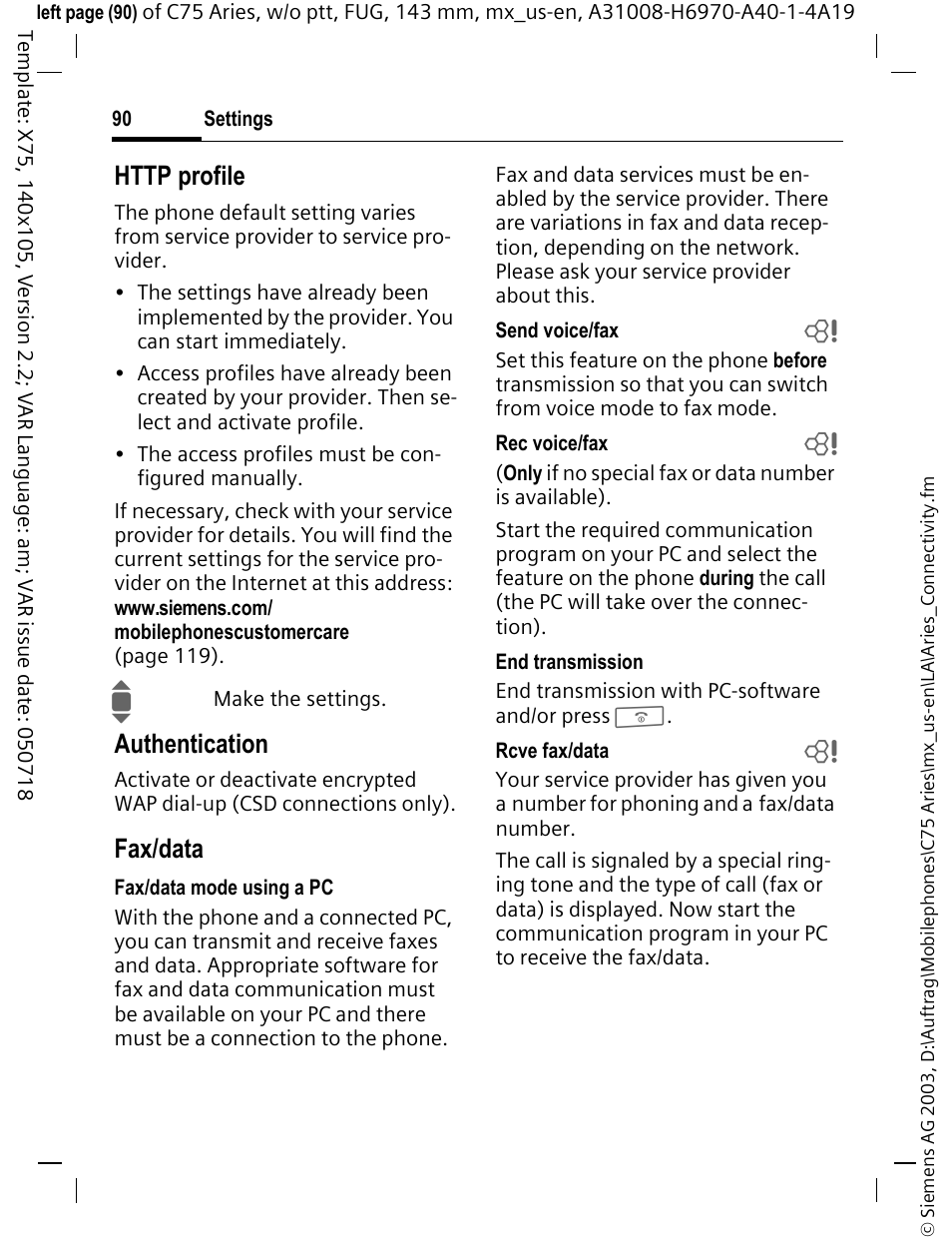 Authentication, Fax/data | Siemens Gigaset 200 User Manual | Page 91 / 139