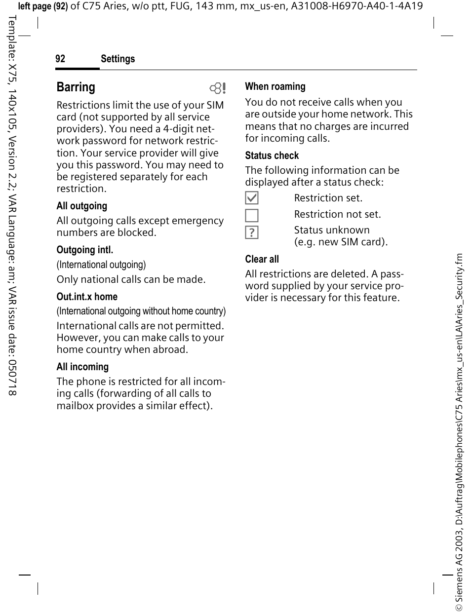 Barring b | Siemens Gigaset 200 User Manual | Page 93 / 139