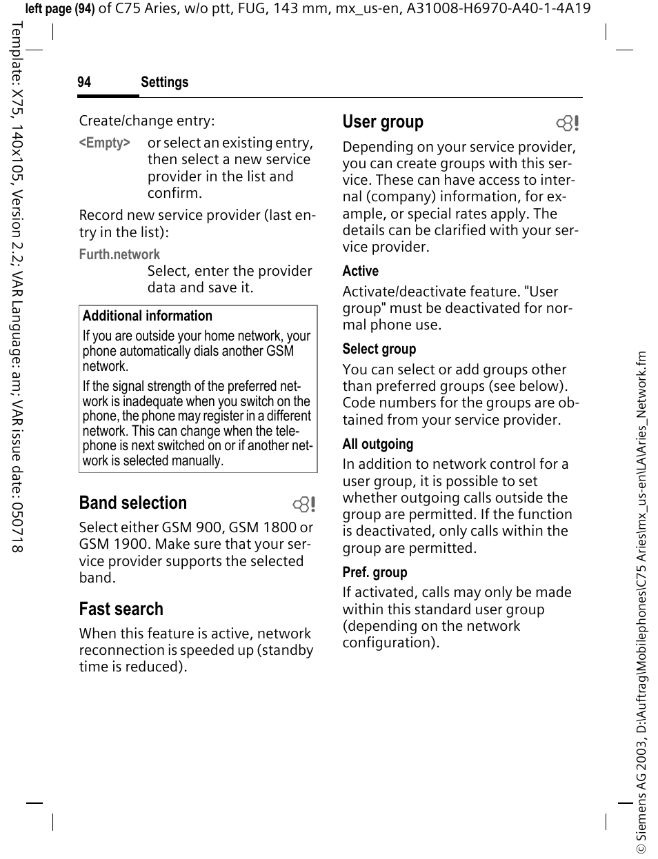 Band selection b, Fast search, User group b | Siemens Gigaset 200 User Manual | Page 95 / 139