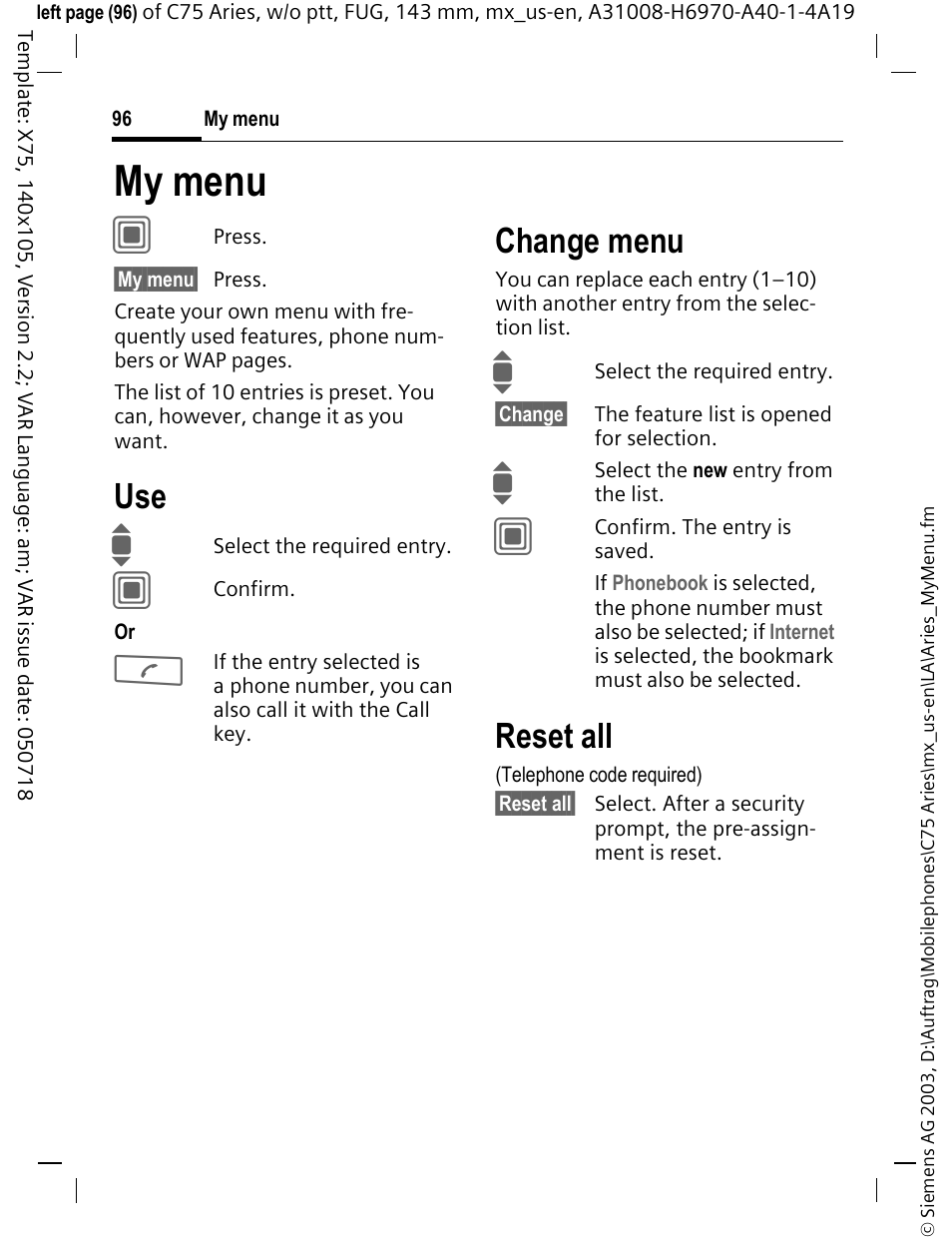 My menu, Quently used functions (p. 96), Change menu | Reset all | Siemens Gigaset 200 User Manual | Page 97 / 139