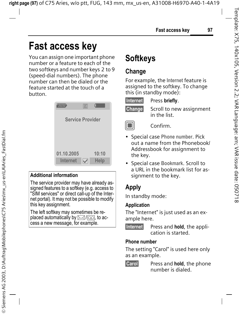Fast access key, Softkeys, Change | Apply | Siemens Gigaset 200 User Manual | Page 98 / 139