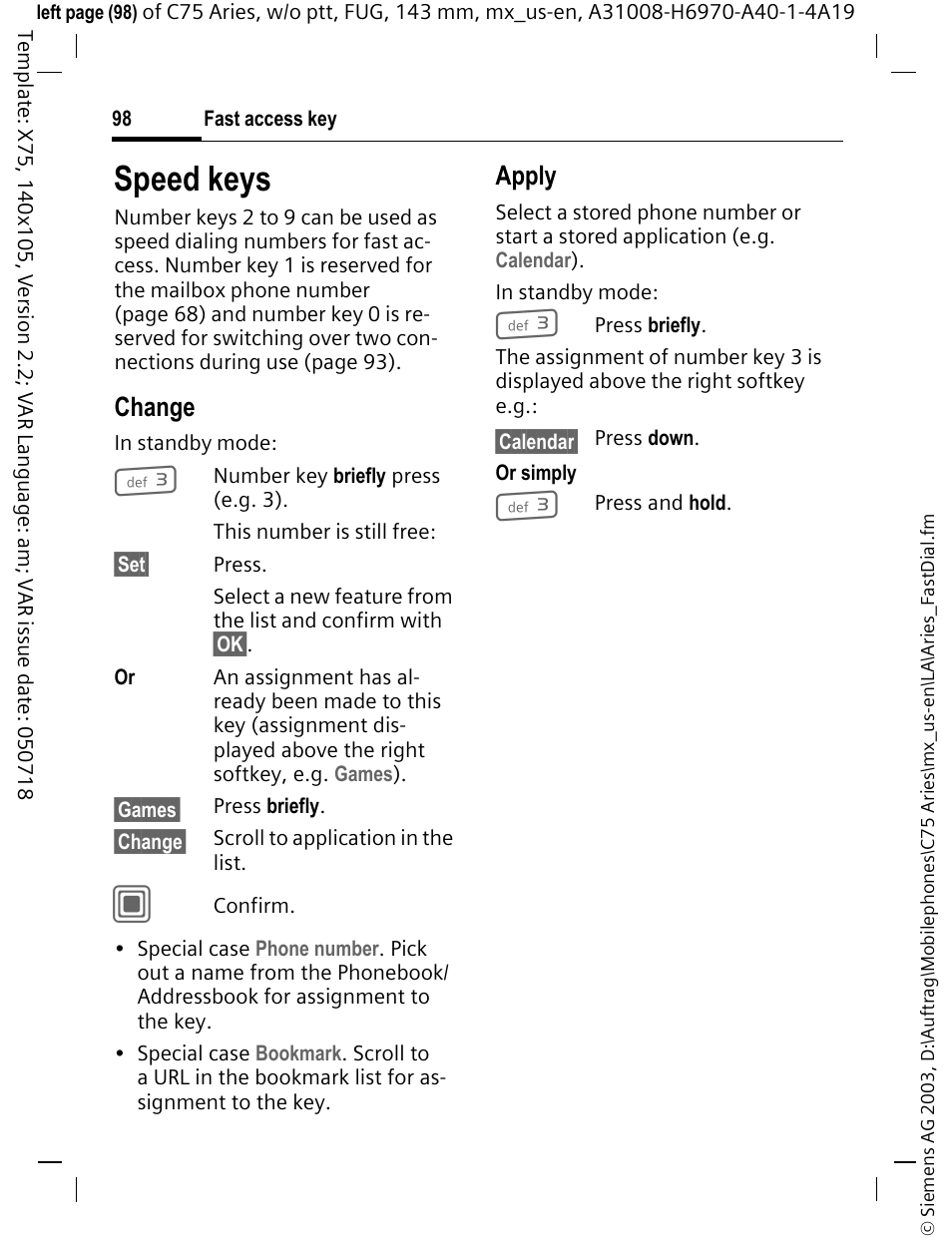 Speed keys, Change, Apply | Siemens Gigaset 200 User Manual | Page 99 / 139