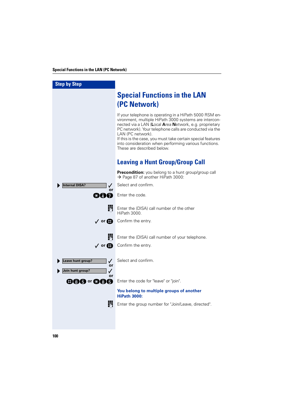 Special functions in the lan (pcnetwork), Leaving a hunt group/group call, Special functions in the lan (pc network) | Siemens 5000 RSM User Manual | Page 100 / 125