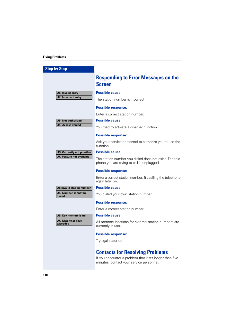 Responding to error messages on the screen, Contacts for resolving problems | Siemens 5000 RSM User Manual | Page 110 / 125