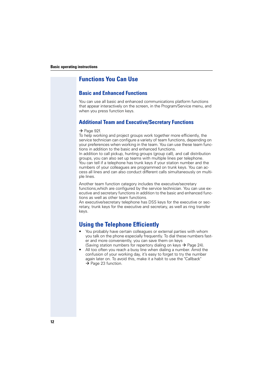 Functions you can use, Basic and enhanced functions, Additional team and executive/secretary functions | Using the telephone efficiently | Siemens 5000 RSM User Manual | Page 12 / 125