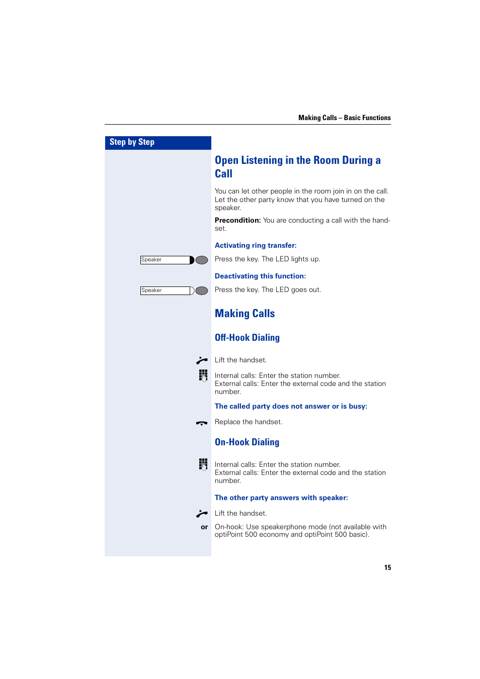 Open listening in the room during a call, Making calls, Off-hook dialing | On-hook dialing, Off-hook dialing on-hook dialing | Siemens 5000 RSM User Manual | Page 15 / 125