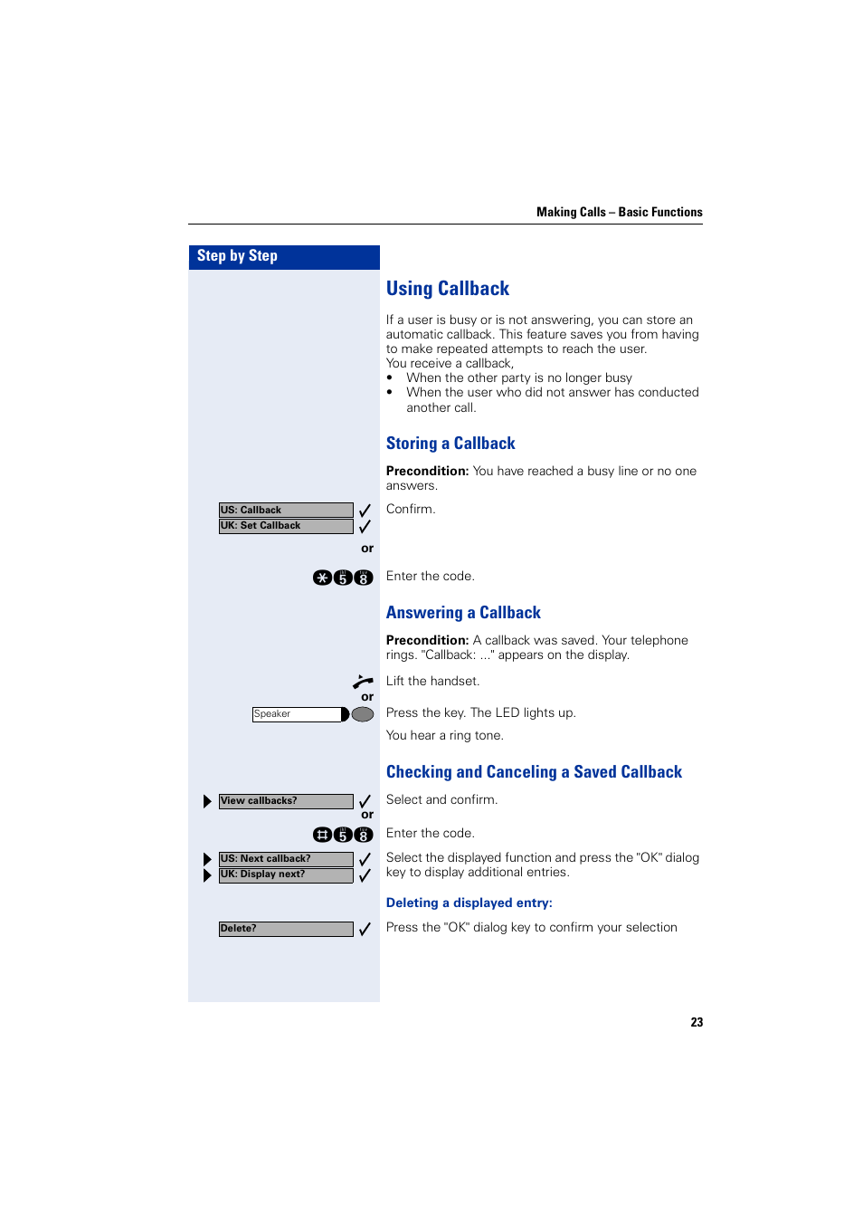 Using callback, Storing a callback, Answering a callback | Checking and canceling a saved callback | Siemens 5000 RSM User Manual | Page 23 / 125