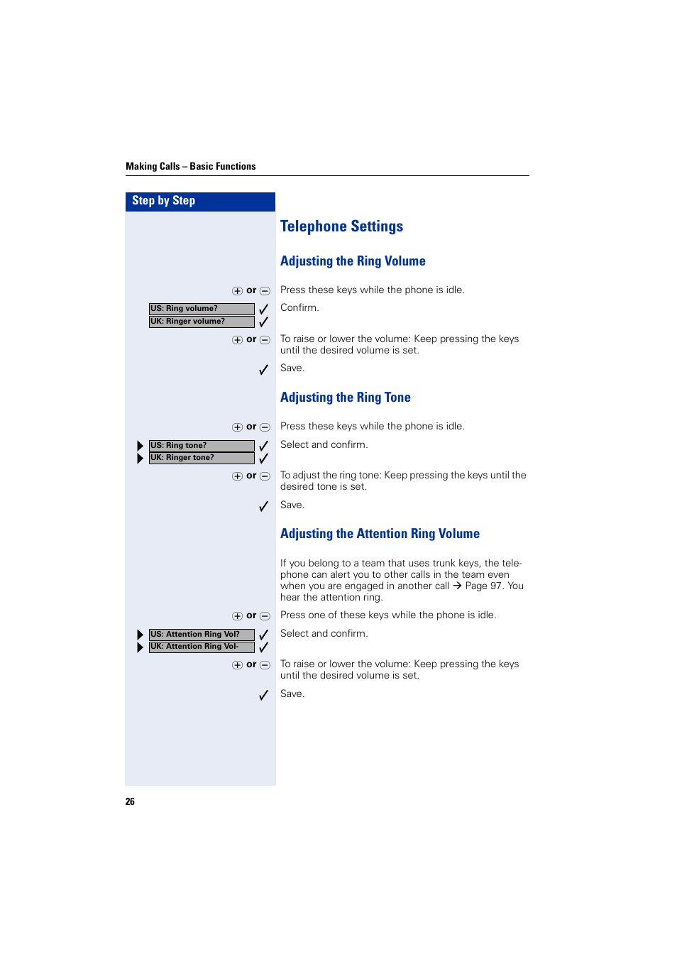 Telephone settings, Adjusting the ring volume, Adjusting the ring tone | Adjusting the attention ring volume, Adjusting the ring volume adjusting the ring tone | Siemens 5000 RSM User Manual | Page 26 / 125