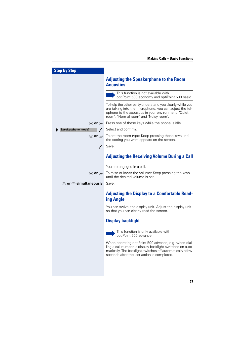 Adjusting the speakerphone to the room acoustics, Adjusting the receiving volume during a call, Display backlight | Siemens 5000 RSM User Manual | Page 27 / 125