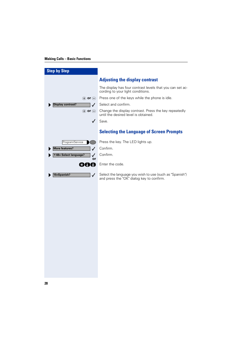 Adjusting the display contrast, Selecting the language of screen prompts | Siemens 5000 RSM User Manual | Page 28 / 125