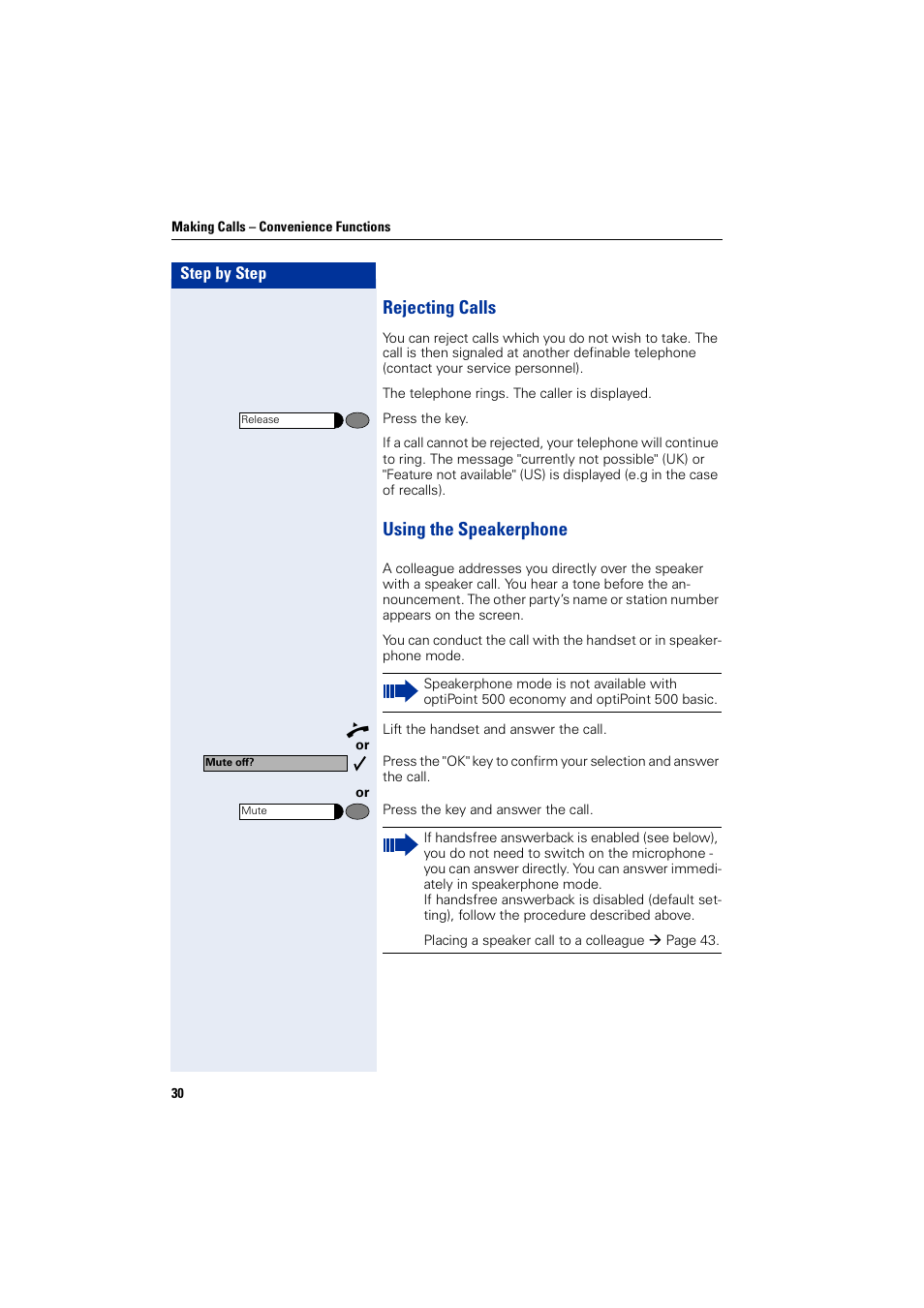 Rejecting calls, Using the speakerphone, Rejecting calls using the speakerphone | Siemens 5000 RSM User Manual | Page 30 / 125