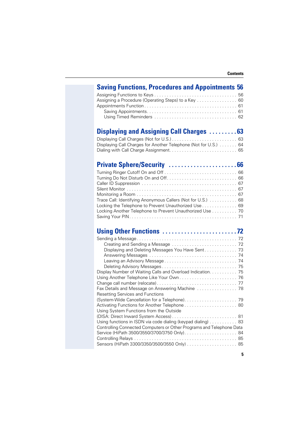 Saving functions, procedures and appointments 56, Displaying and assigning call charges, Private sphere/security | Using other functions | Siemens 5000 RSM User Manual | Page 5 / 125