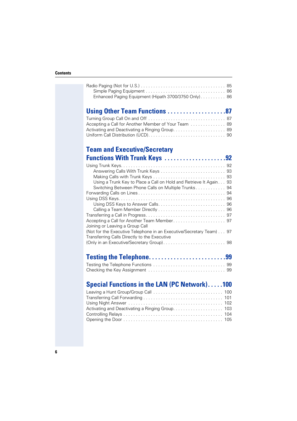 Using other team functions, Testing the telephone, Special functions in the lan (pc network) | Siemens 5000 RSM User Manual | Page 6 / 125