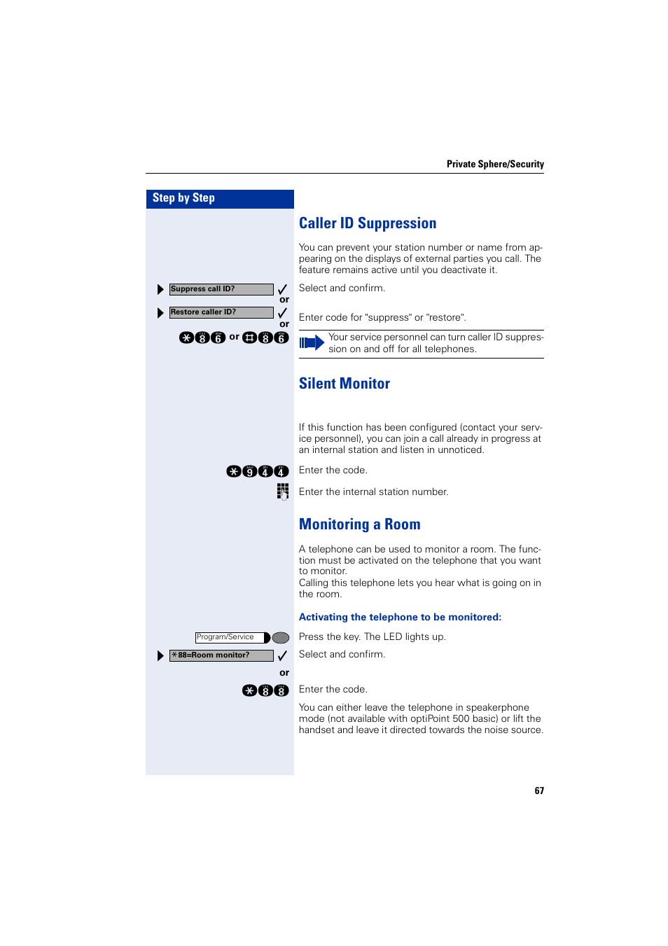 Caller id suppression, Silent monitor, Monitoring a room | Siemens 5000 RSM User Manual | Page 67 / 125