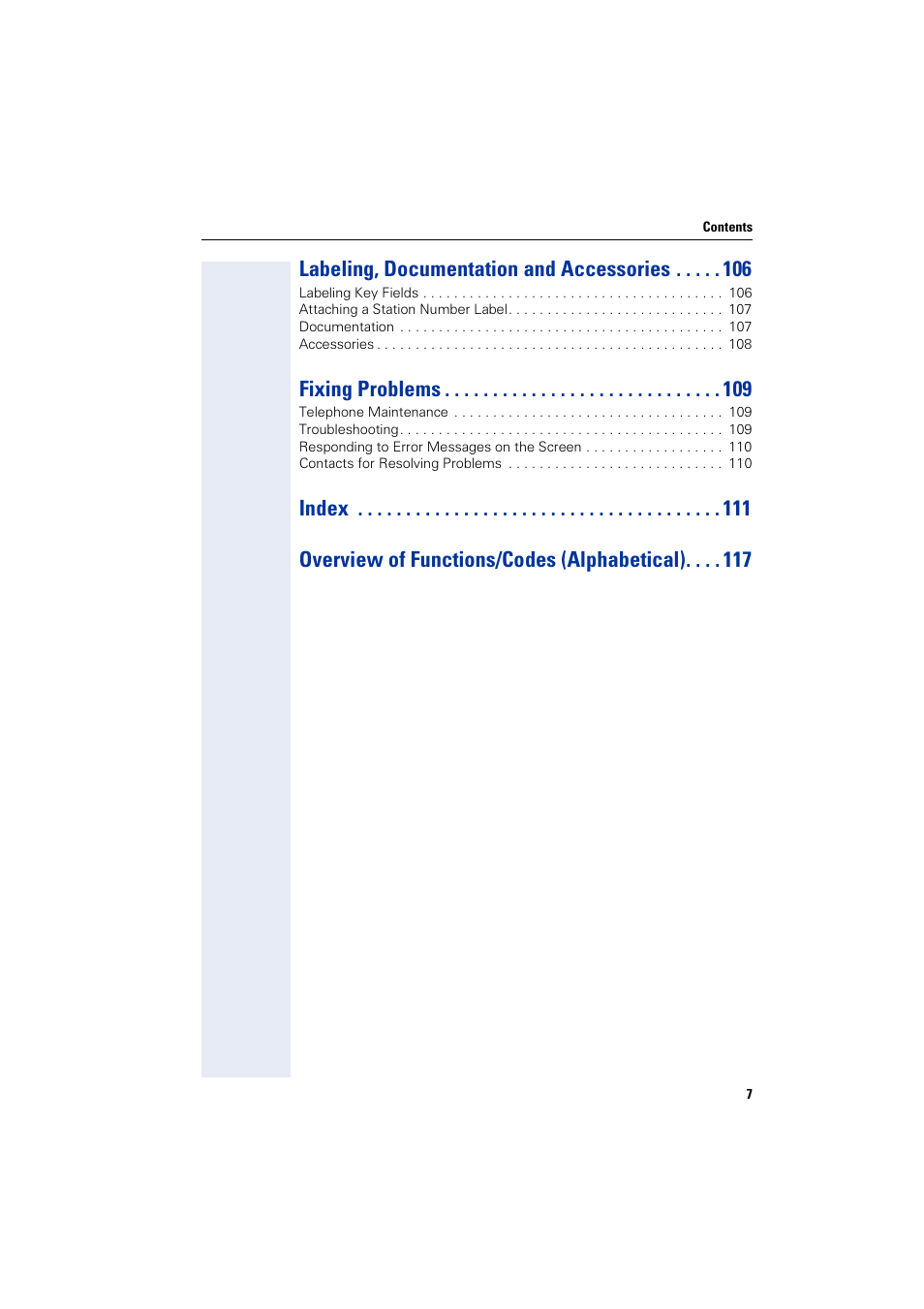 Labeling, documentation and accessories, Fixing problems, Index overview of functions/codes (alphabetical) | Siemens 5000 RSM User Manual | Page 7 / 125