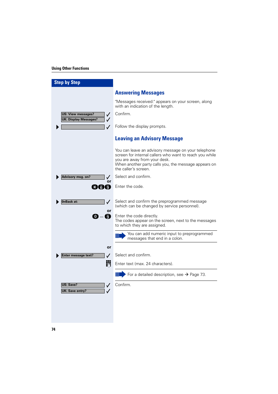 Answering messages, Leaving an advisory message, Answering messages leaving an advisory message | Siemens 5000 RSM User Manual | Page 74 / 125