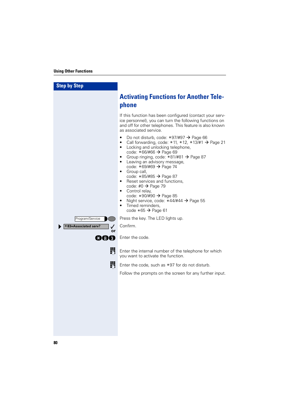 Activating functions for another telephone, Activating functions for another tele- phone | Siemens 5000 RSM User Manual | Page 80 / 125