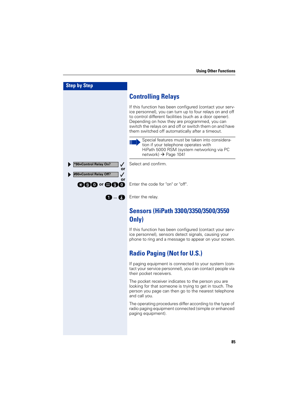 Controlling relays, Sensors (hipath3300/3350/3500/3550 only), Radio paging (not for u.s.) | Siemens 5000 RSM User Manual | Page 85 / 125