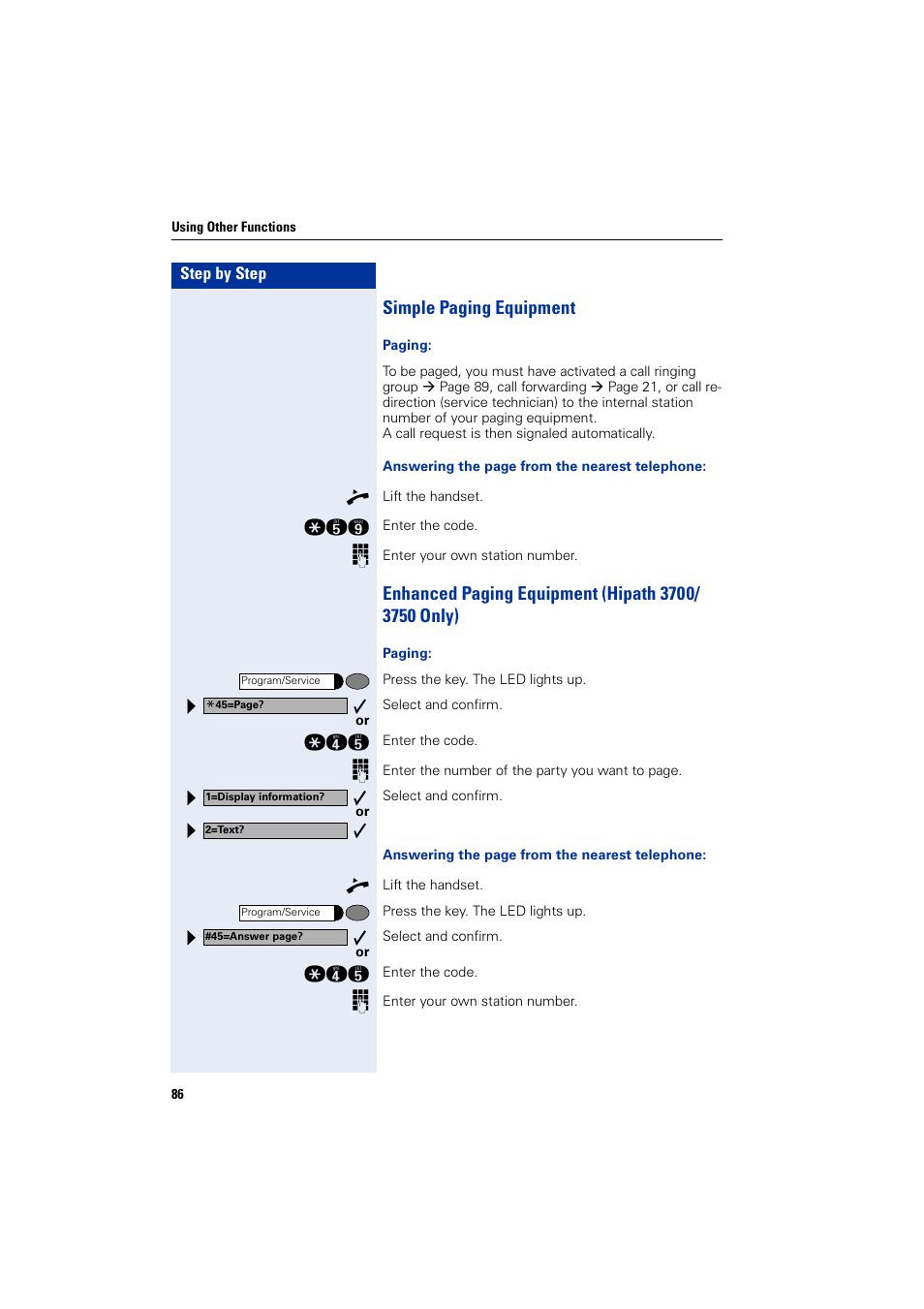 Simple paging equipment, Enhanced paging equipment (hipath3700/ 3750 only) | Siemens 5000 RSM User Manual | Page 86 / 125