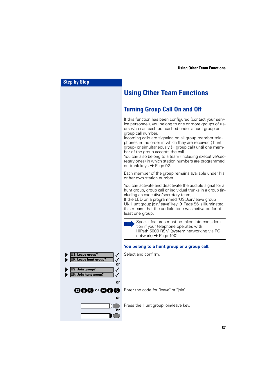 Using other team functions, Turning group call on and off | Siemens 5000 RSM User Manual | Page 87 / 125