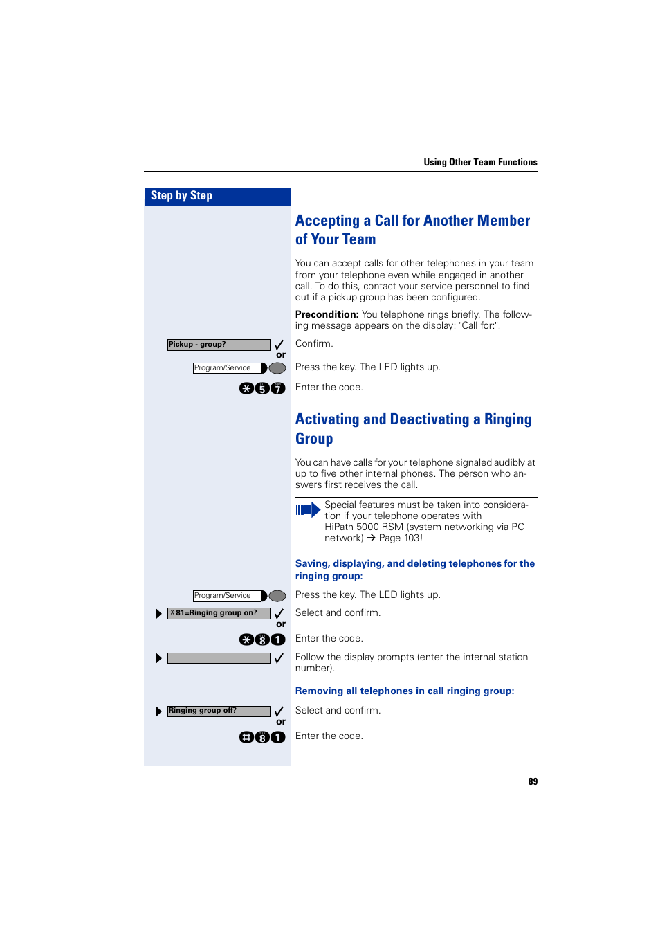 Accepting a call for another member of your team, Activating and deactivating a ringing group | Siemens 5000 RSM User Manual | Page 89 / 125