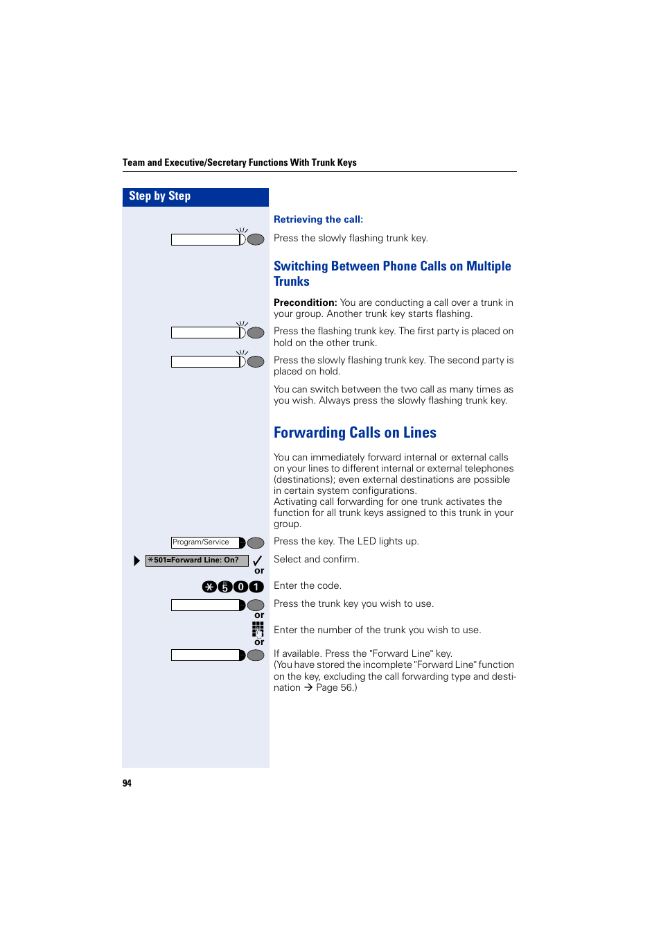 Switching between phone calls on multiple trunks, Forwarding calls on lines | Siemens 5000 RSM User Manual | Page 94 / 125