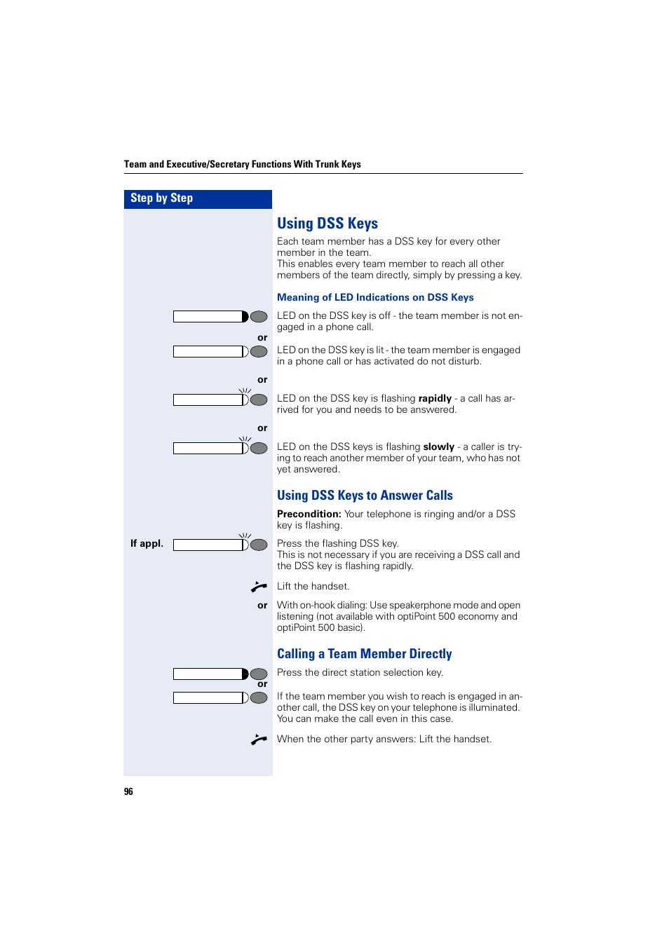 Using dss keys, Using dss keys to answer calls, Calling a team member directly | Siemens 5000 RSM User Manual | Page 96 / 125