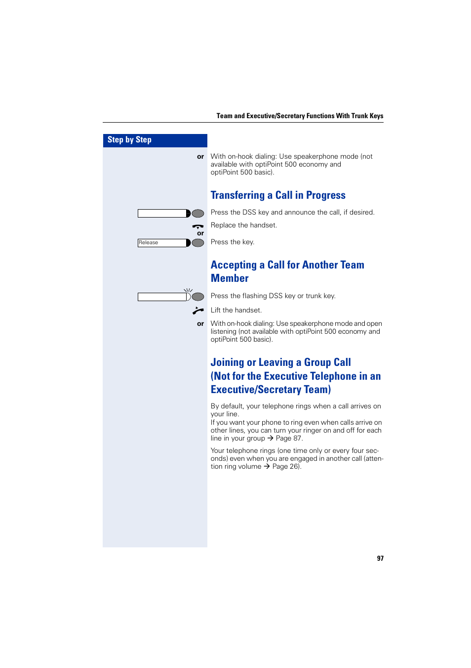 Transferring a call in progress, Accepting a call for another team member | Siemens 5000 RSM User Manual | Page 97 / 125