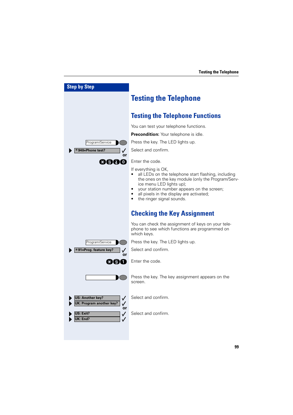 Testing the telephone, Testing the telephone functions, Checking the key assignment | Siemens 5000 RSM User Manual | Page 99 / 125