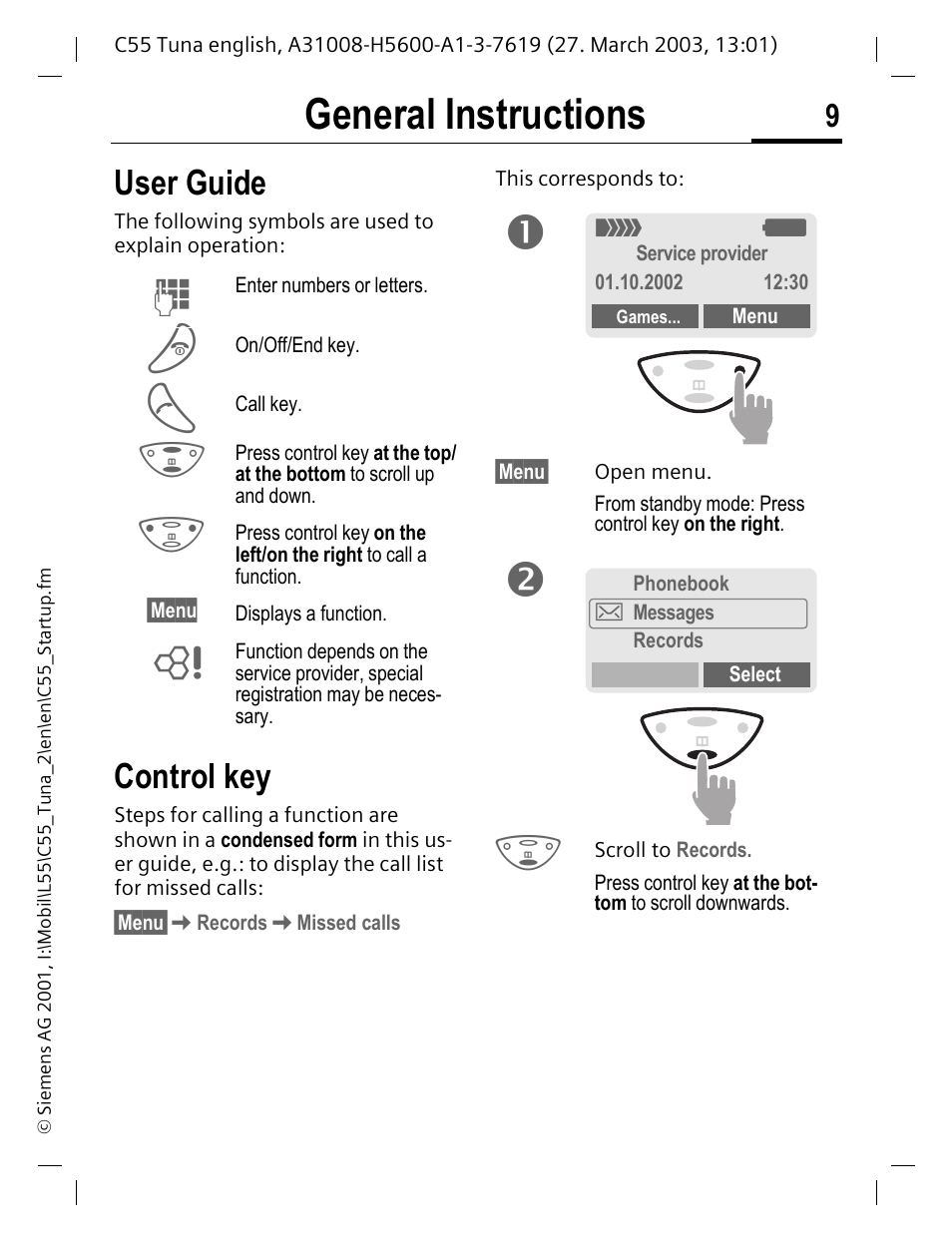 General instructions, Control key, User guide control key | User guide | Siemens C55 User Manual | Page 10 / 110