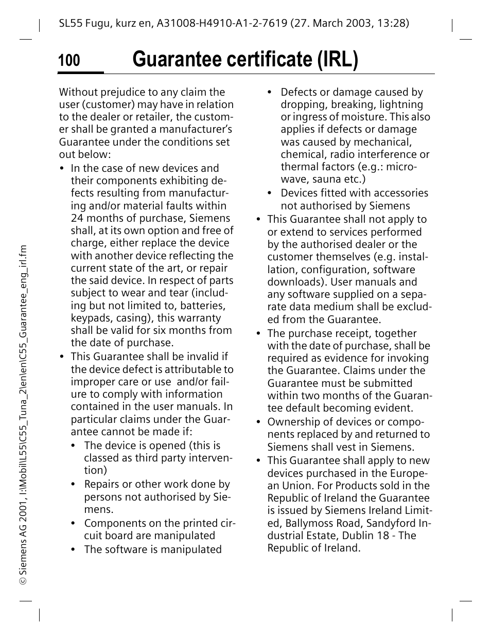 Guarantee certificate (irl) | Siemens C55 User Manual | Page 101 / 110