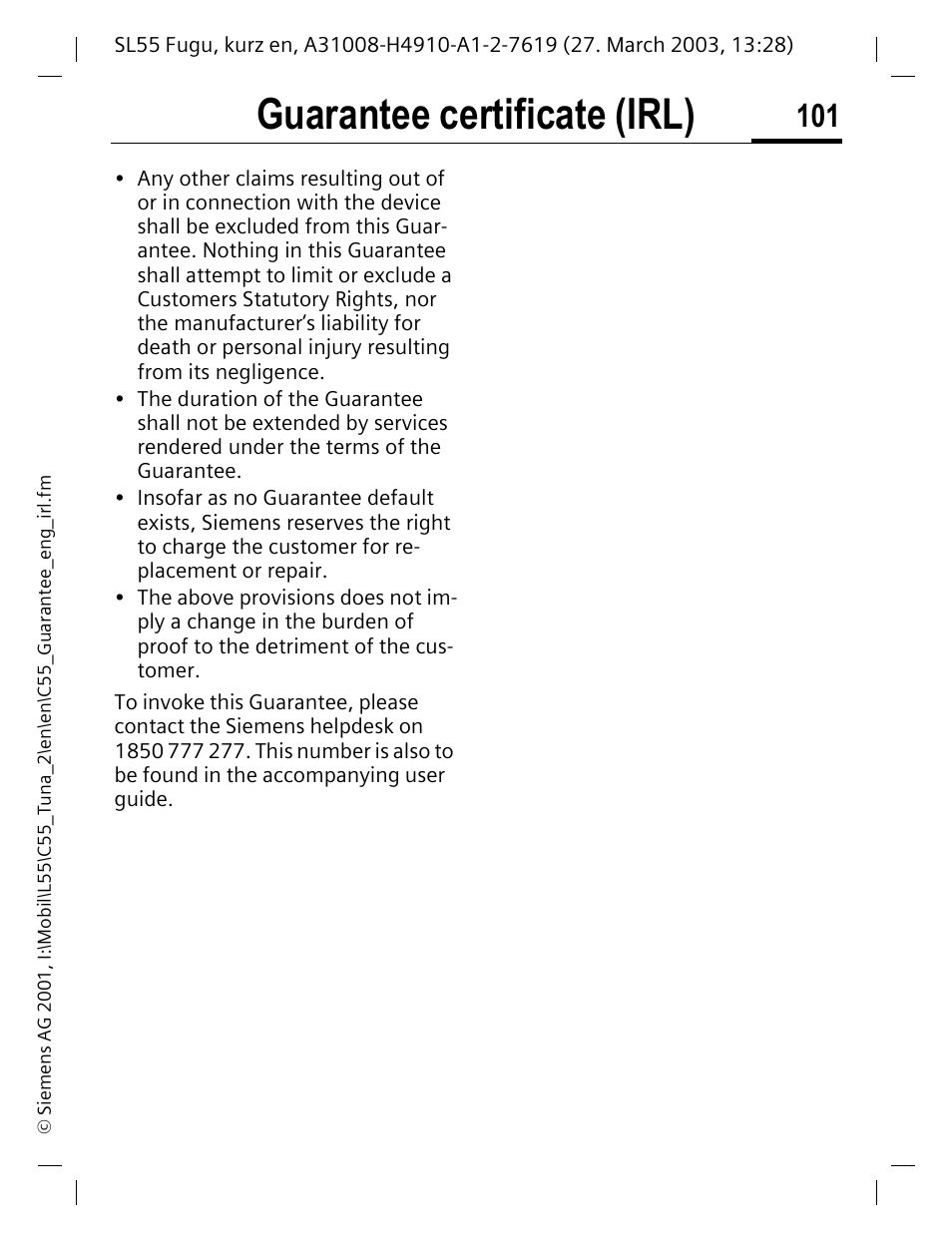 Guarantee certificate (irl) | Siemens C55 User Manual | Page 102 / 110