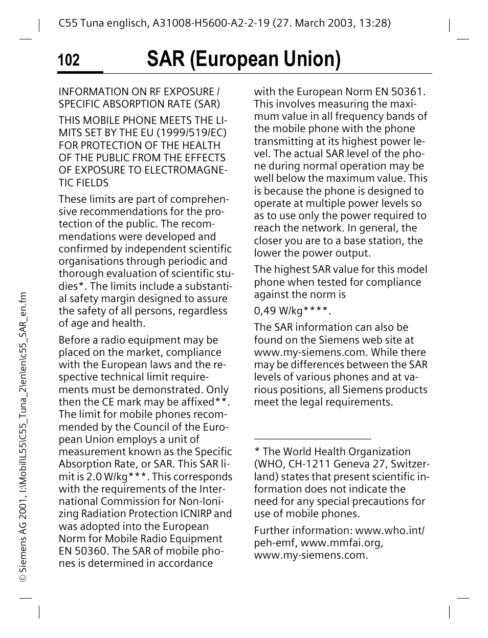 Sar (european union) | Siemens C55 User Manual | Page 103 / 110