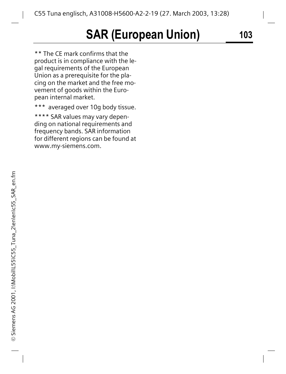 Sar (european union) | Siemens C55 User Manual | Page 104 / 110