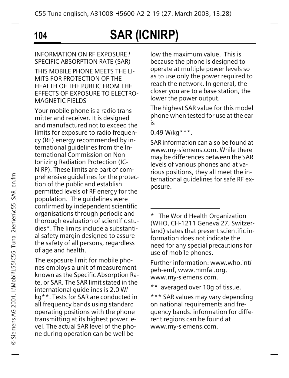 Sar (icnirp) | Siemens C55 User Manual | Page 105 / 110