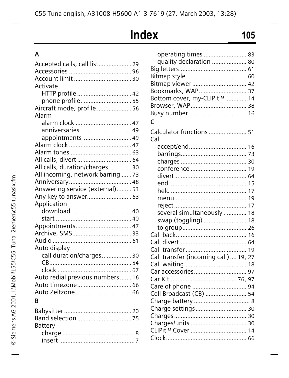 Index | Siemens C55 User Manual | Page 106 / 110