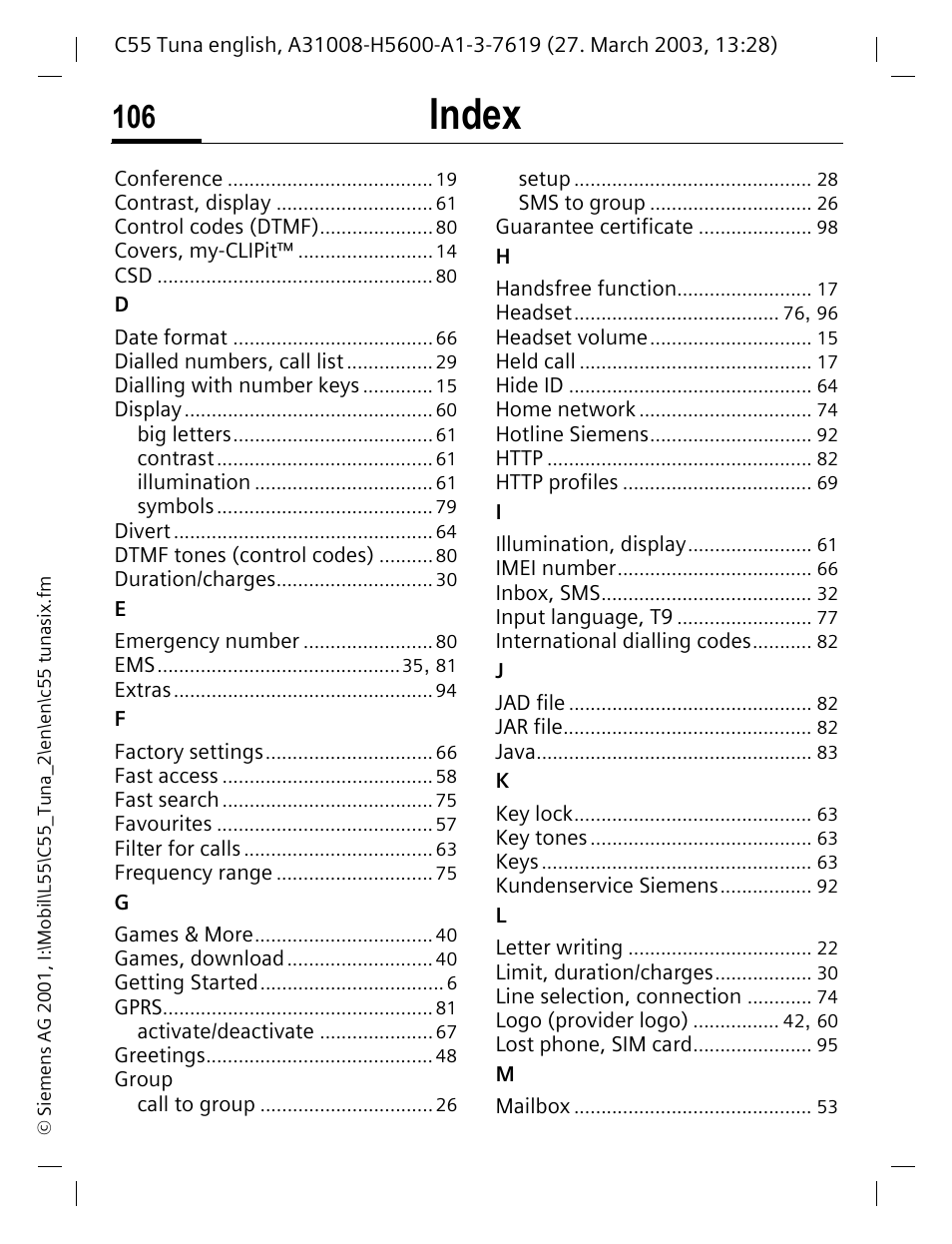 Index | Siemens C55 User Manual | Page 107 / 110