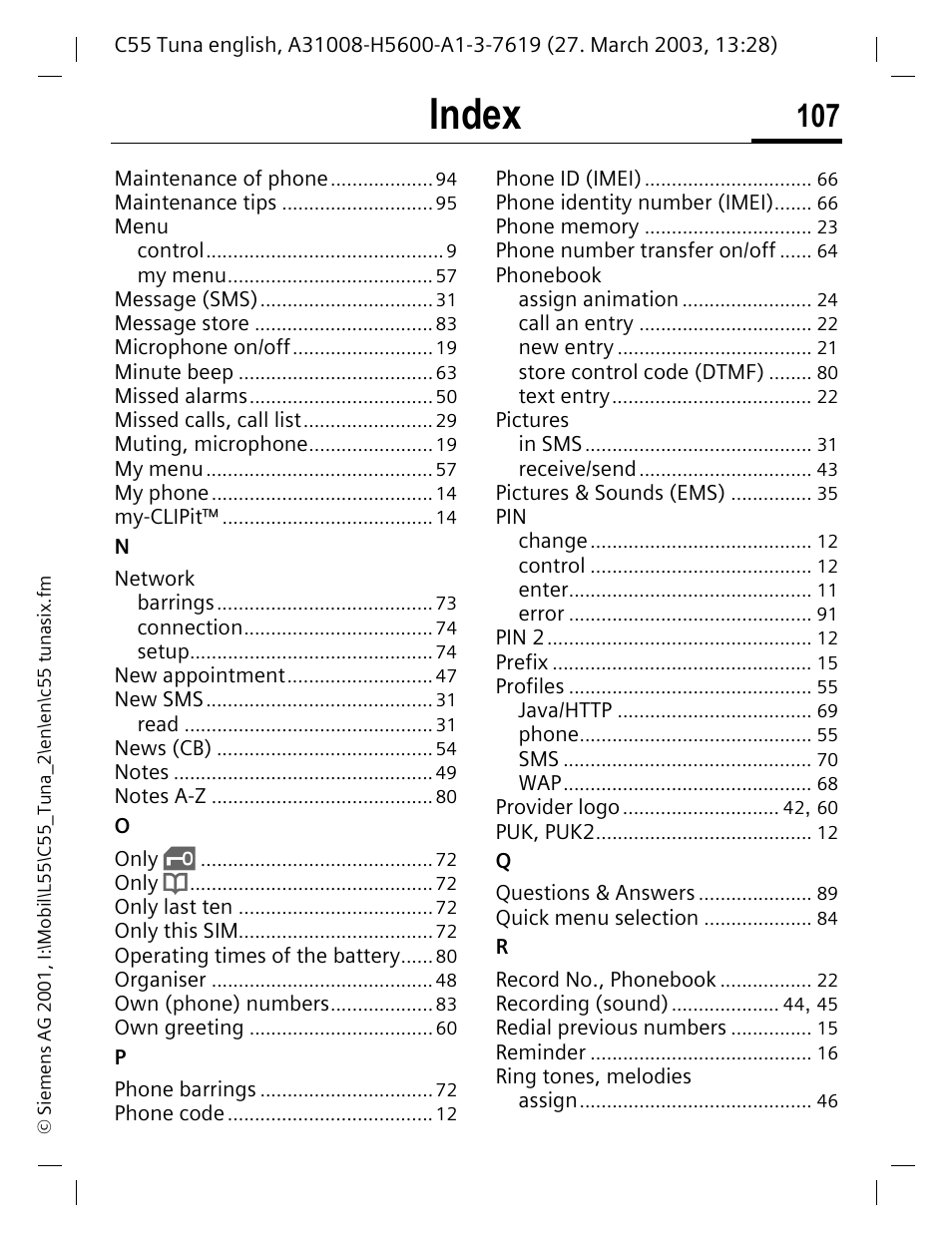 Index | Siemens C55 User Manual | Page 108 / 110