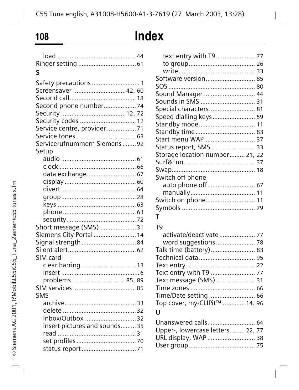 Index | Siemens C55 User Manual | Page 109 / 110