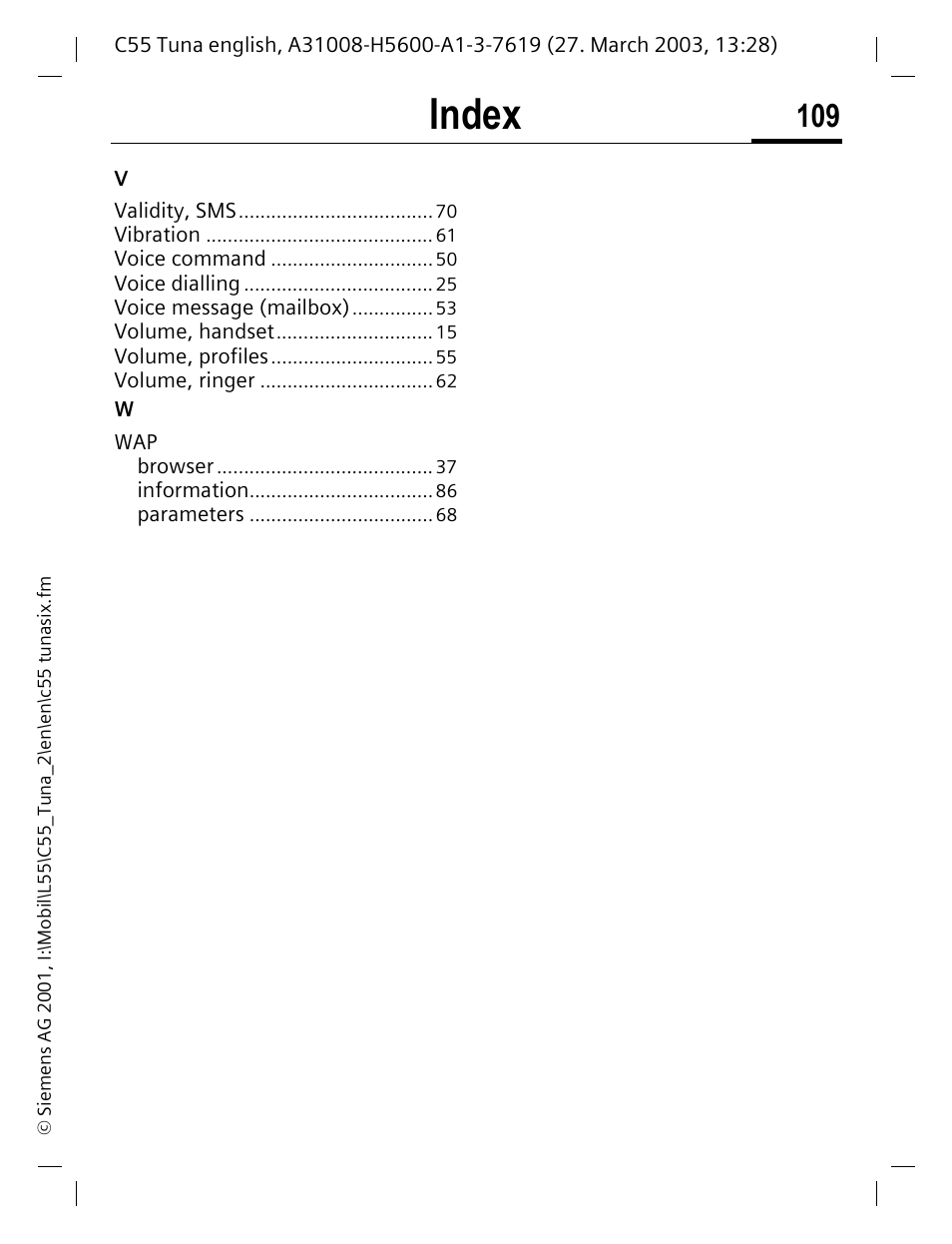 Index | Siemens C55 User Manual | Page 110 / 110