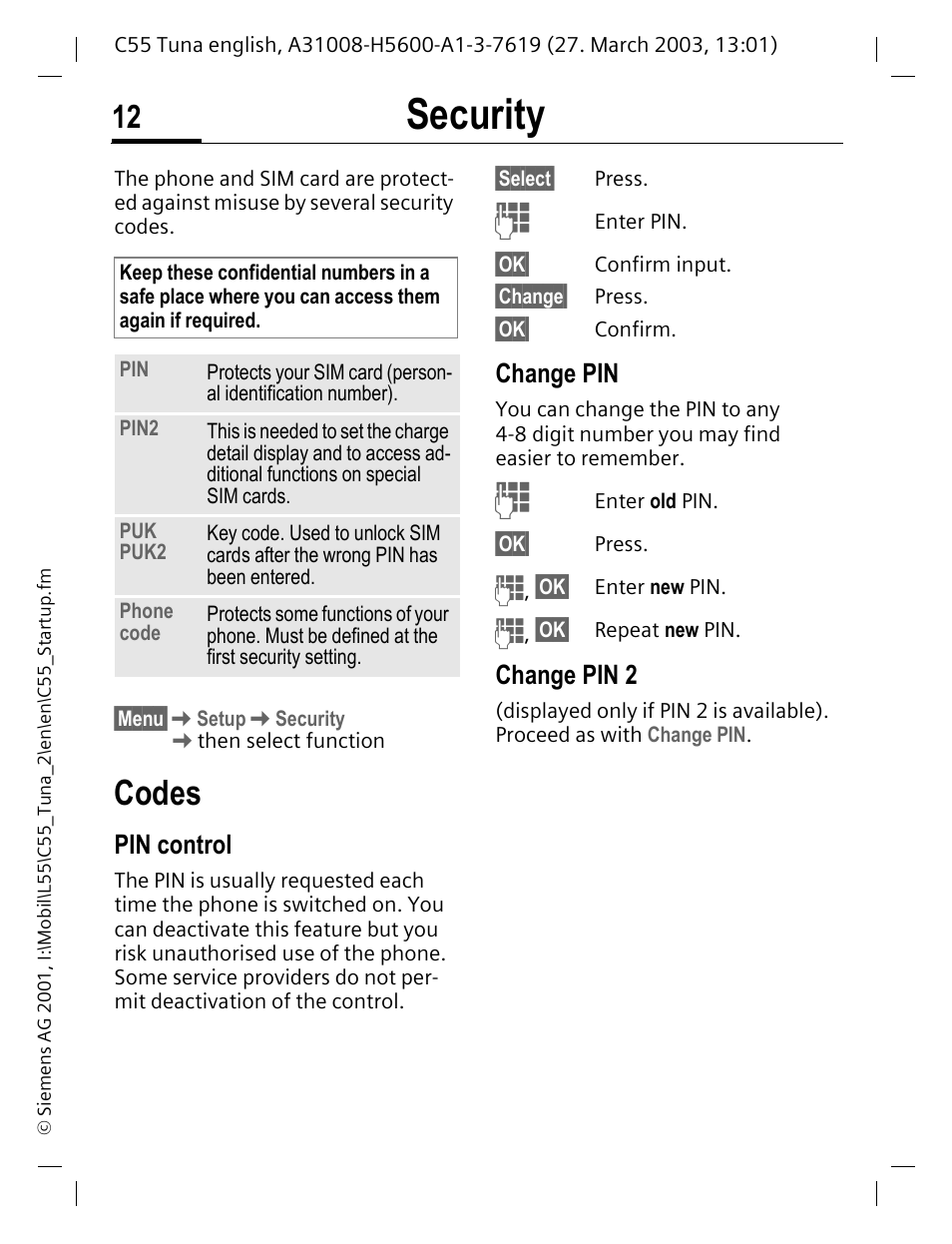 Security, Codes, Change pin | P. 12, Pin control, Change pin 2 | Siemens C55 User Manual | Page 13 / 110