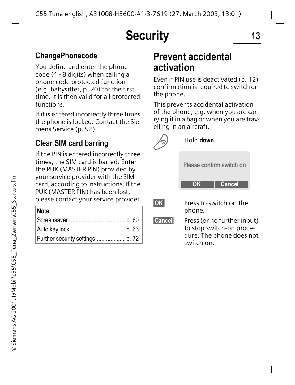 Prevent accidental activation, P. 13, Security | Changephonecode, Clear sim card barring | Siemens C55 User Manual | Page 14 / 110